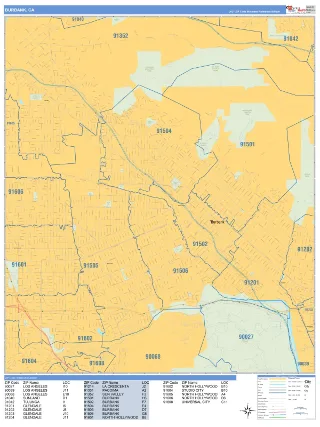 Burbank, CA Business Reference style ZIP Code wall map