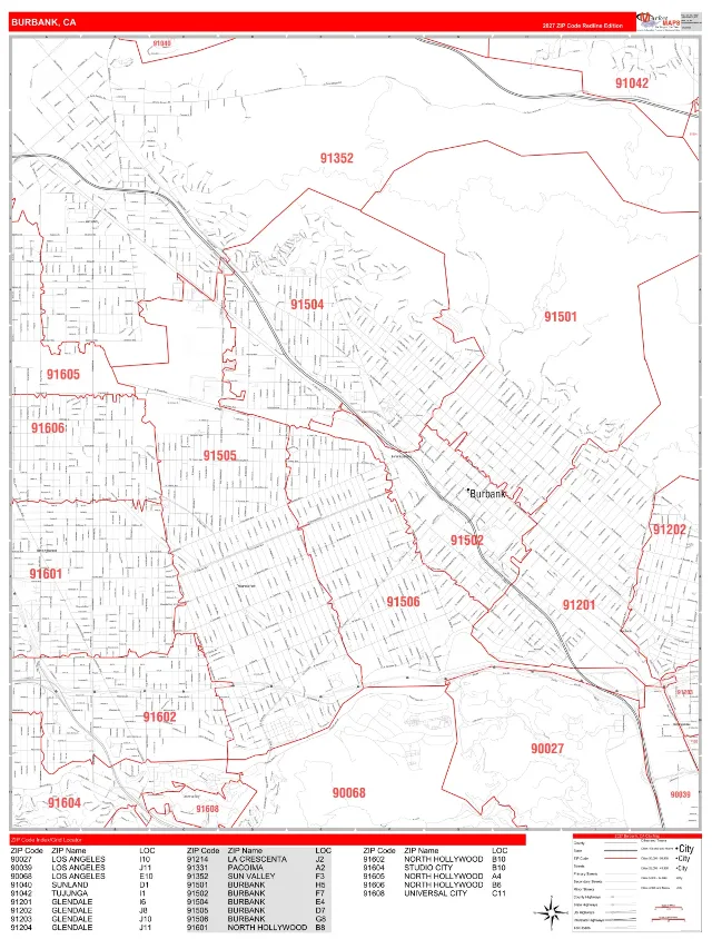 Burbank, CA ZIP Code Wall Map, RedLine style