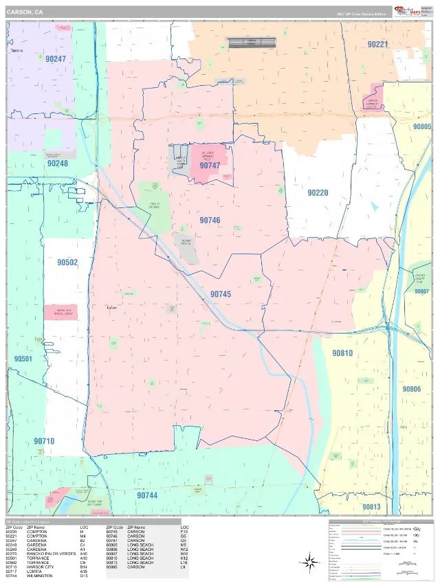 Carson, CA ZIP Code Wall Map, Classic style
