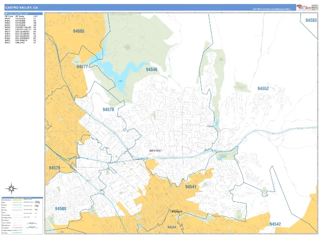 Castro Valley, CA ZIP Code Wall Map, Business Reference style