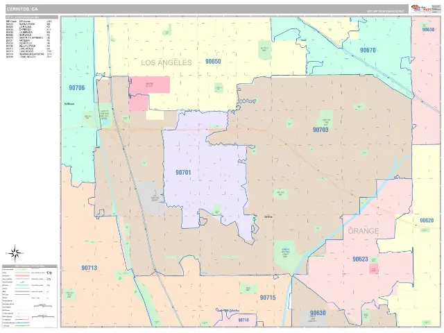 Cerritos, CA ZIP Code Wall Map, Classic style