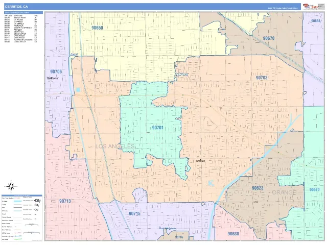 Cerritos, CA ZIP Code Wall Map, ColorCast style