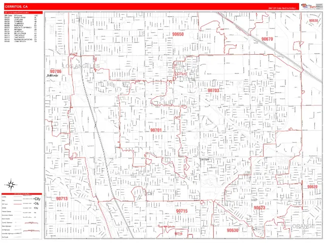 Cerritos, CA ZIP Code Wall Map, RedLine style