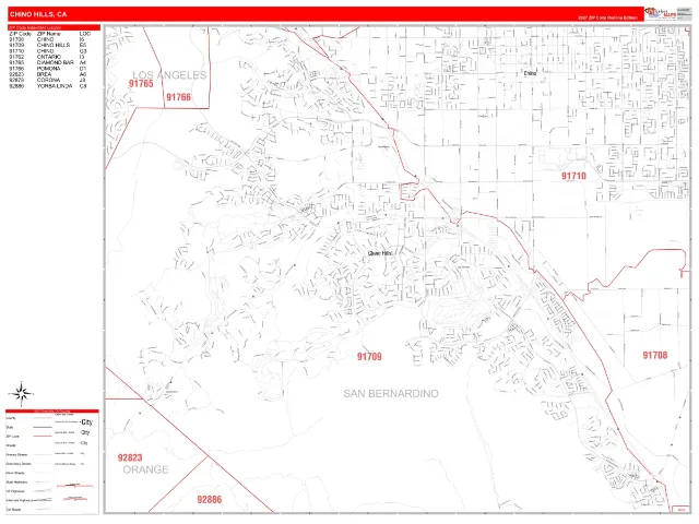 Chino Hills, CA ZIP Code Wall Map, RedLine style