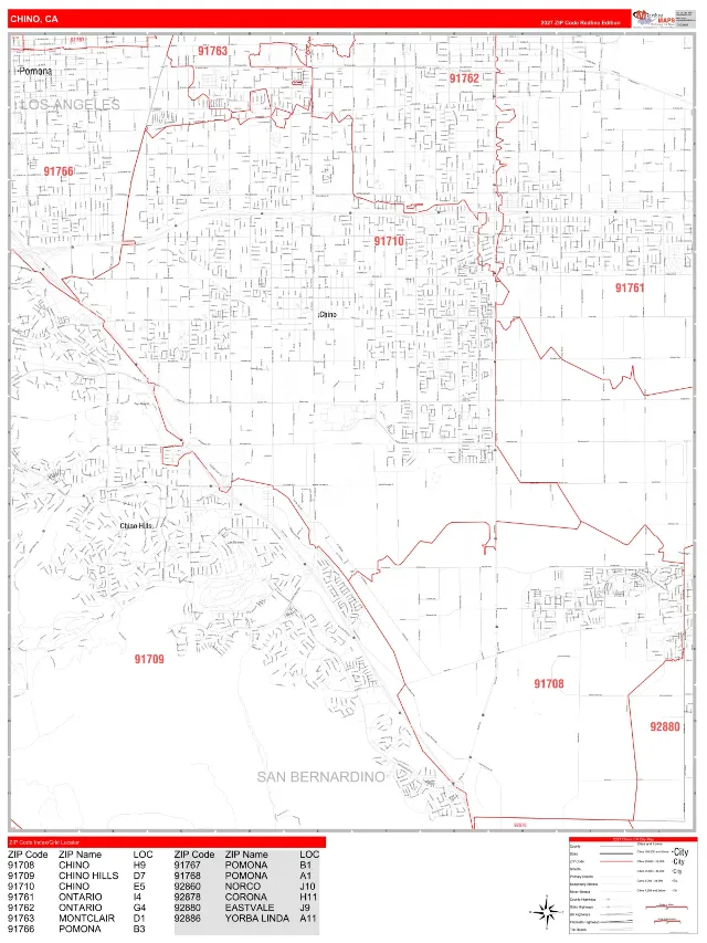 Chino, CA ZIP Code Wall Map, RedLine style