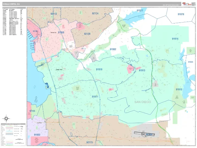 Chula Vista, CA ZIP Code Wall Map, Classic style