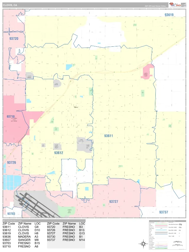 Clovis, CA ZIP Code Wall Map, Classic style
