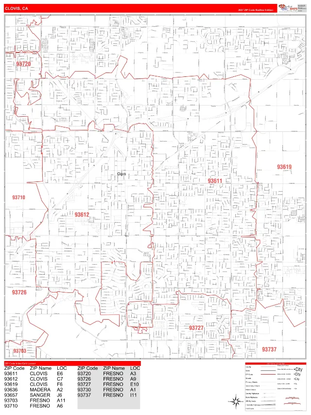 Clovis, CA ZIP Code Wall Map, RedLine style