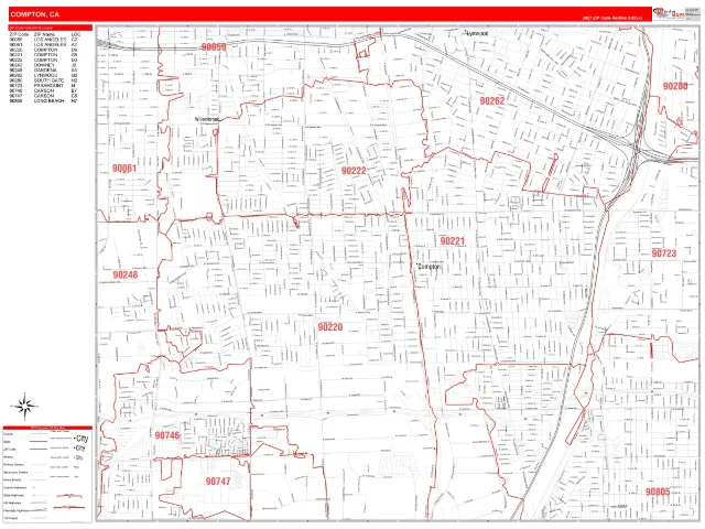 Compton, CA ZIP Code Wall Map, RedLine style
