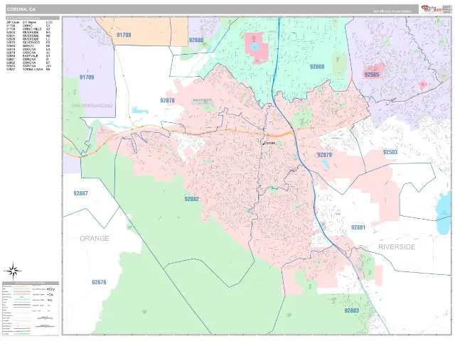 Corona, CA ZIP Code Wall Map, Classic style