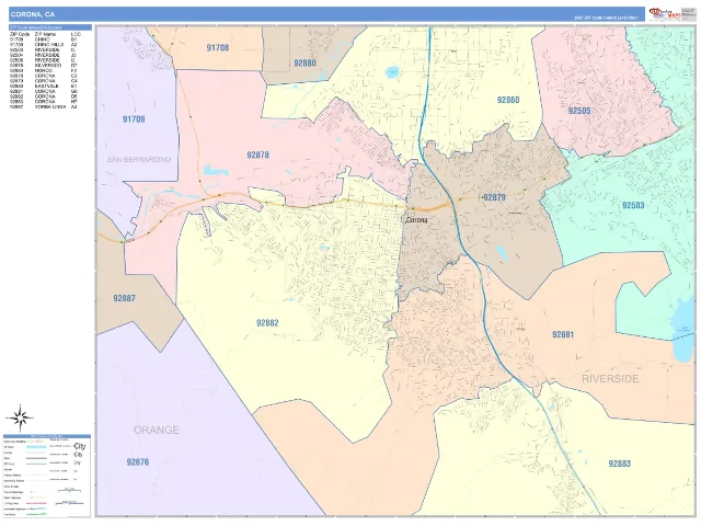 Corona, CA ZIP Code Wall Map, ColorCast style
