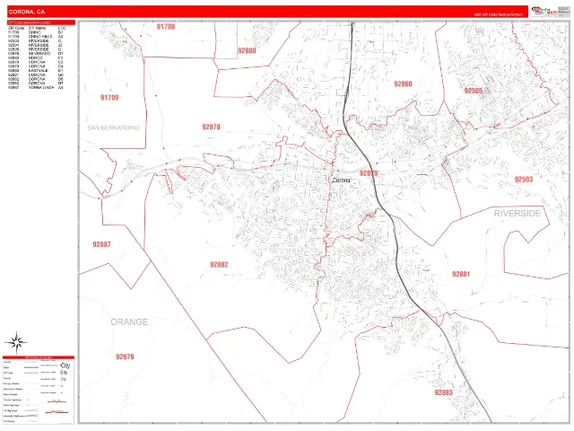 Corona, CA ZIP Code Wall Map, RedLine style