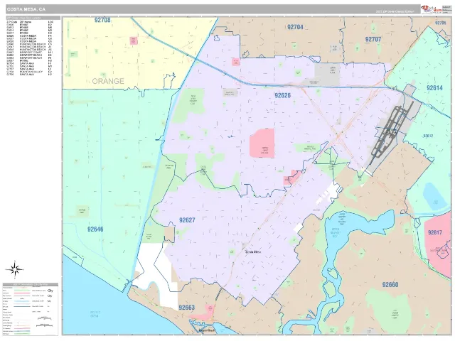 Costa Mesa, CA ZIP Code Wall Map, Classic style