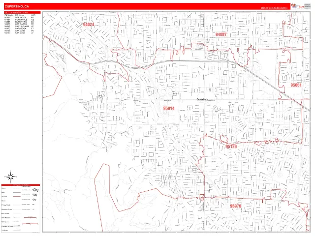 Cupertino, CA ZIP Code Wall Map, RedLine style