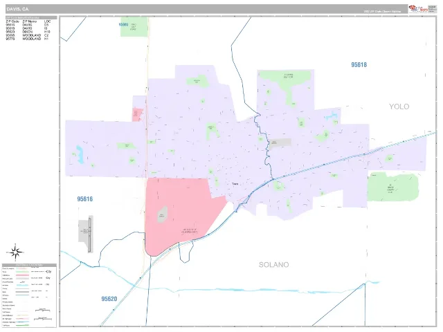 Davis, CA ZIP Code Wall Map, Classic style
