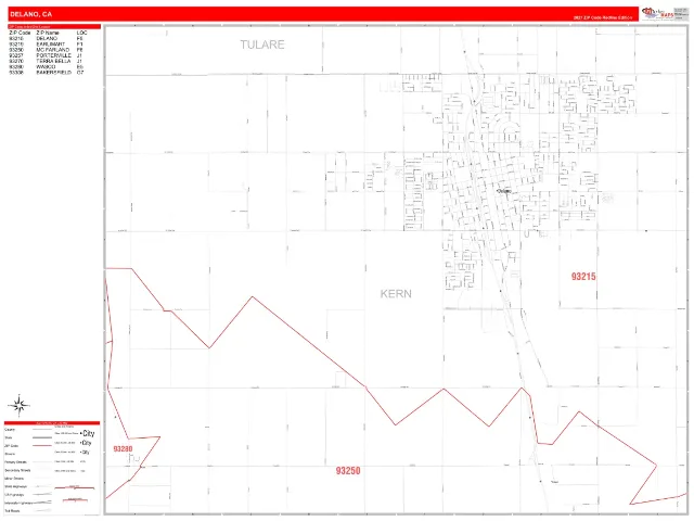 Delano, CA ZIP Code Wall Map, RedLine style