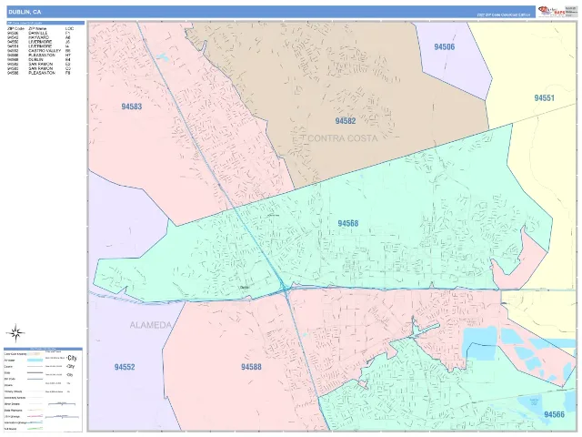 Dublin, CA ZIP Code Wall Map, ColorCast style