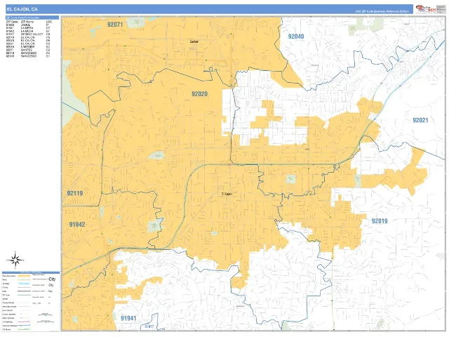 El Cajon, CA ZIP Code Wall Map, Business Reference style