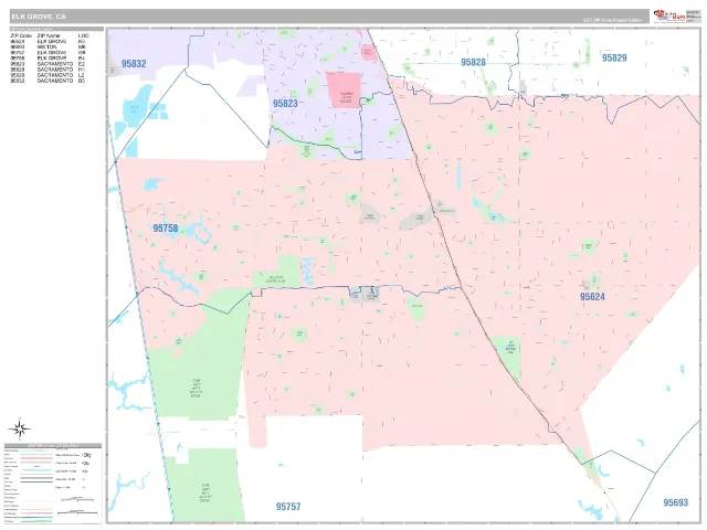 Elk Grove, CA ZIP Code Wall Map, Classic style