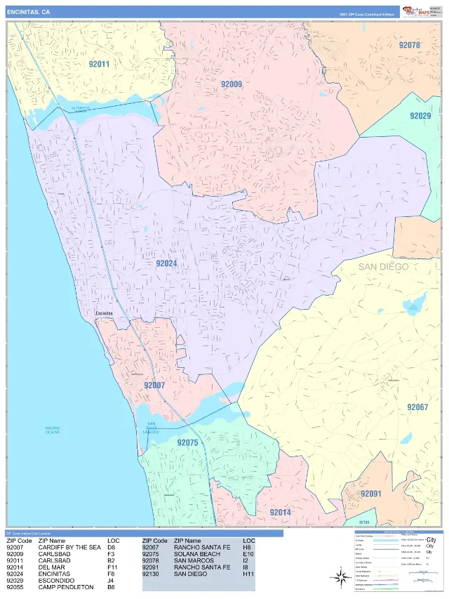 Encinitas, CA ZIP Code Wall Map, ColorCast style