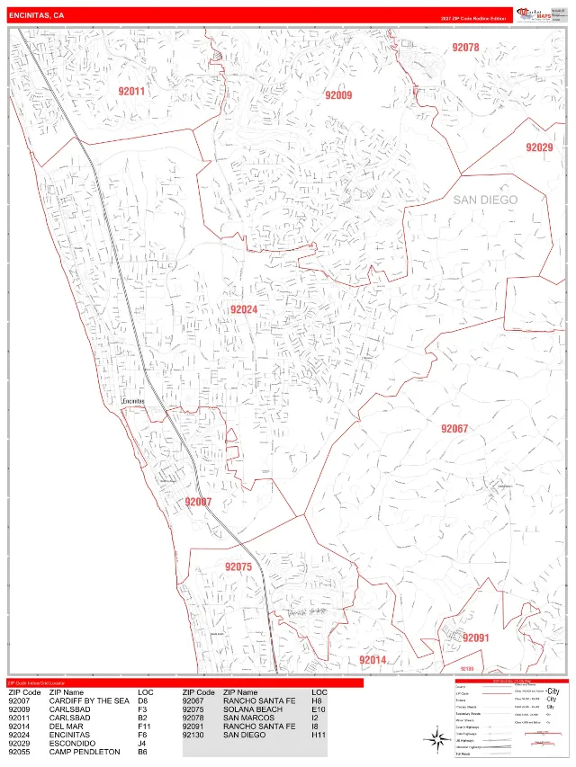 Encinitas, CA ZIP Code Wall Map, RedLine style