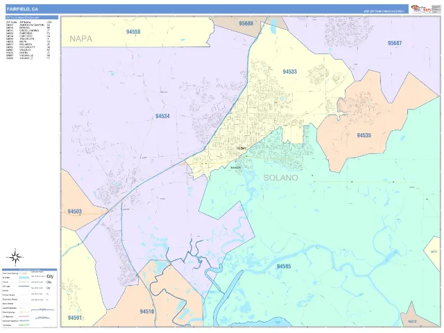 Fairfield, CA ZIP Code Wall Map, ColorCast style