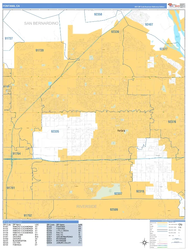 Fontana, CA ZIP Code Wall Map, Business Reference style