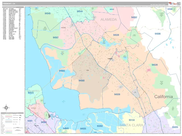 Fremont, CA ZIP Code Wall Map, Classic style