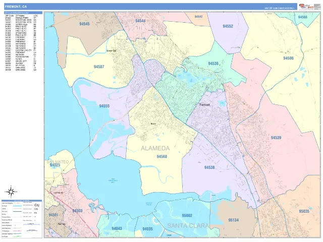 Fremont, CA ZIP Code Wall Map, ColorCast style