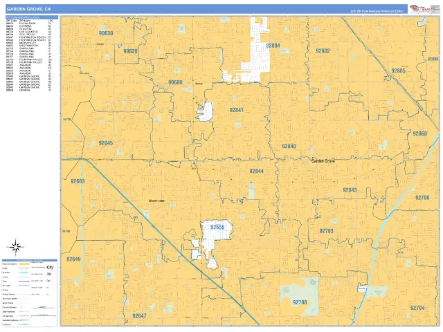 Garden Grove, CA ZIP Code Wall Map, Business Reference style