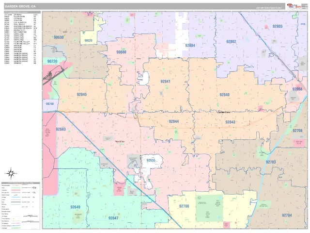 Garden Grove, CA ZIP Code Wall Map, Classic style