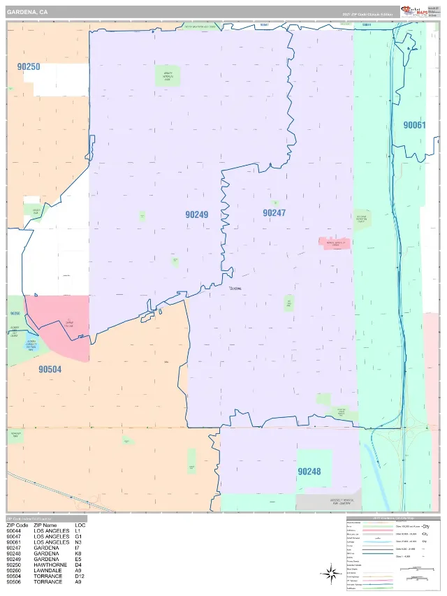 Gardena, CA ZIP Code Wall Map, Classic style
