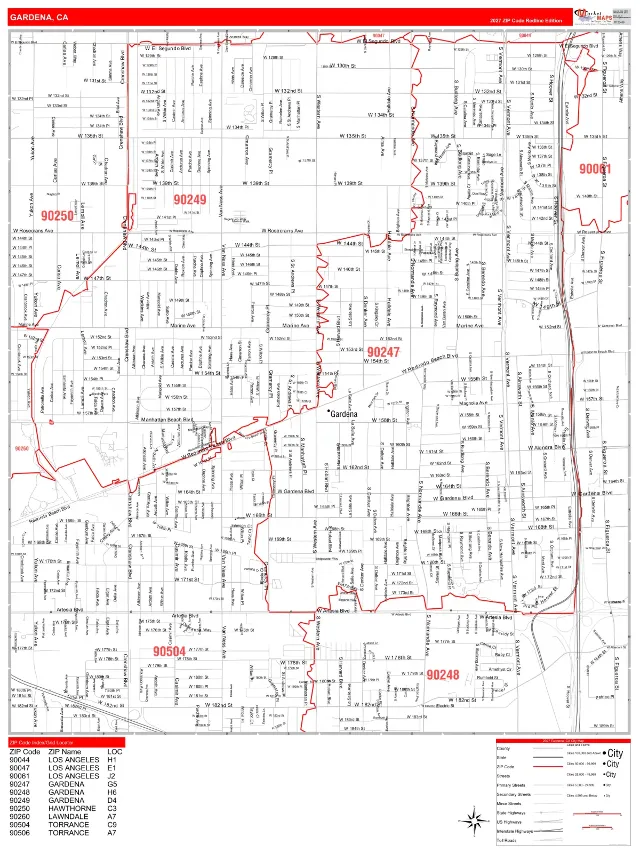 Gardena, CA ZIP Code Wall Map, RedLine style