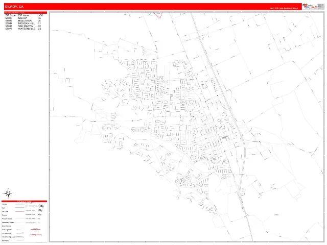 Gilroy, CA ZIP Code Wall Map, RedLine style