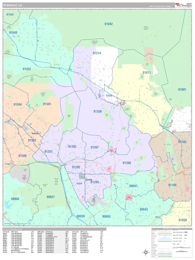 Glendale, CA ZIP Code Wall Map, Classic style