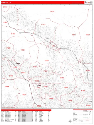 Glendale, CA RedLine style ZIP Code wall map