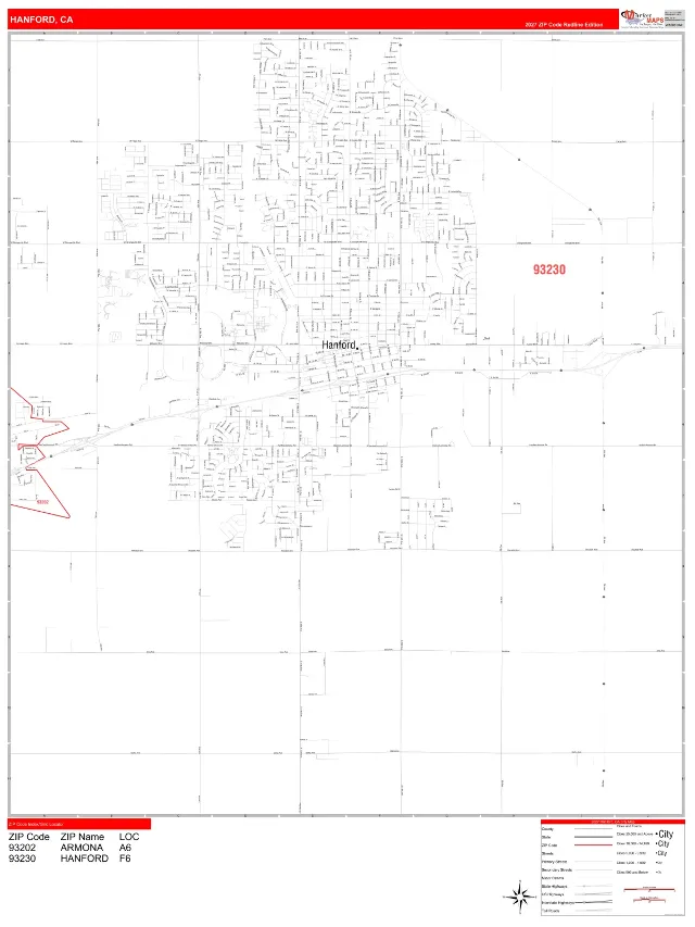 Hanford, CA ZIP Code Wall Map, RedLine style