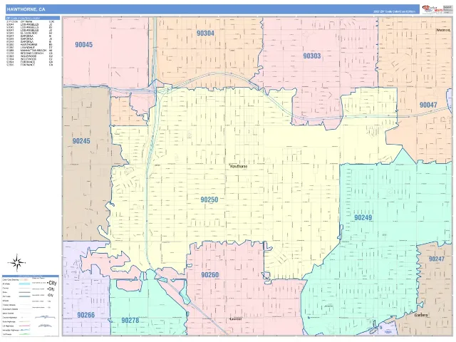 Hawthorne, CA ZIP Code Wall Map, ColorCast style