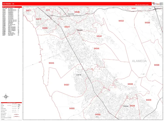 Hayward, CA ZIP Code Wall Map, RedLine style