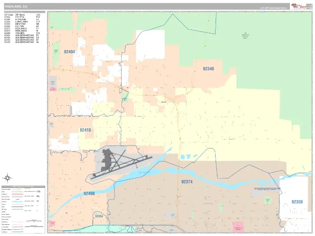 Highland, CA ZIP Code Wall Map, Classic style