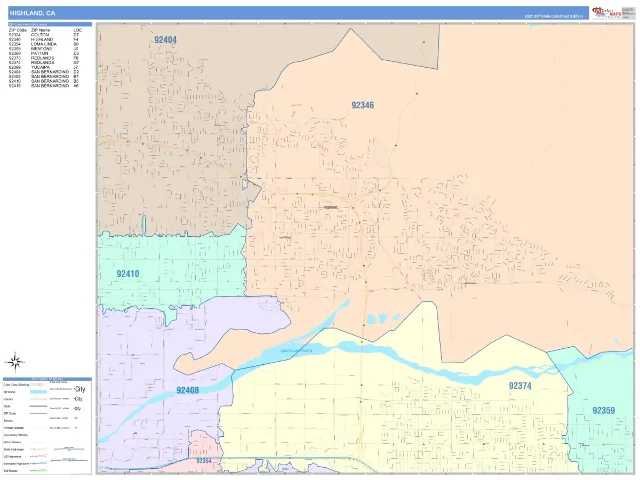 Highland, CA ZIP Code Wall Map, ColorCast style