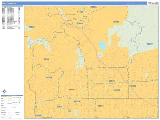 Hollywood, CA ZIP Code Wall Map, Business Reference style