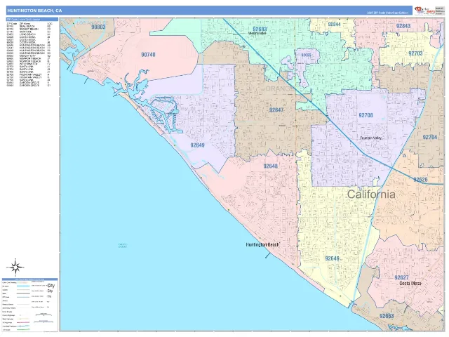 Huntington Beach, CA ZIP Code Wall Map, ColorCast style