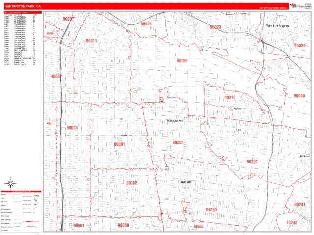Huntington Park, CA ZIP Code Wall Map, RedLine style