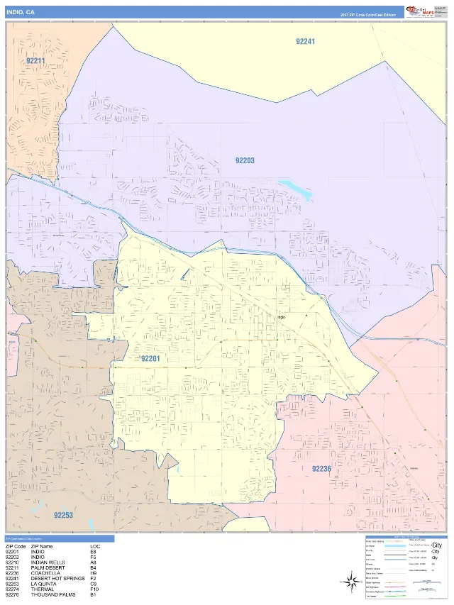 Indio, CA ZIP Code Wall Map, ColorCast style
