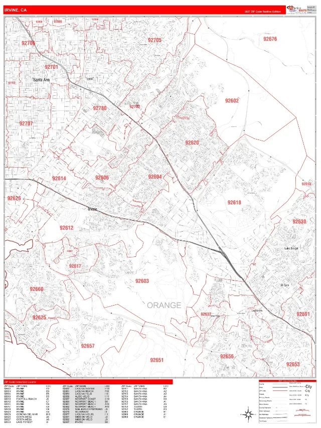 Irvine, CA ZIP Code Wall Map, RedLine style