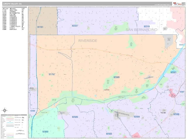Jurupa Valley, CA ZIP Code Wall Map, Classic style