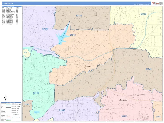 La Mesa, CA ZIP Code Wall Map, ColorCast style