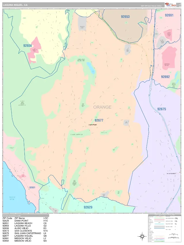 Laguna Niguel, CA ZIP Code Wall Map, Classic style