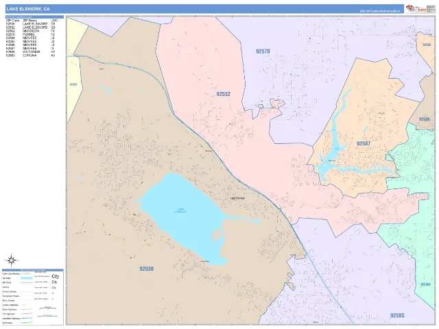 Lake Elsinore, CA ZIP Code Wall Map, ColorCast style